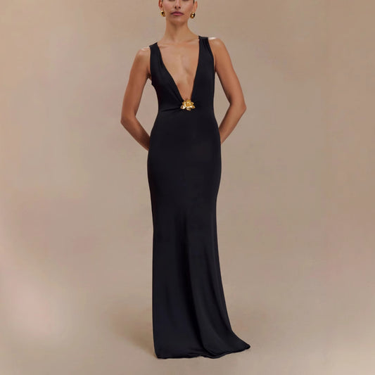 CANNES – Elegantes Maxikleid mit Tiefem V-Ausschnitt & Gold-Detail